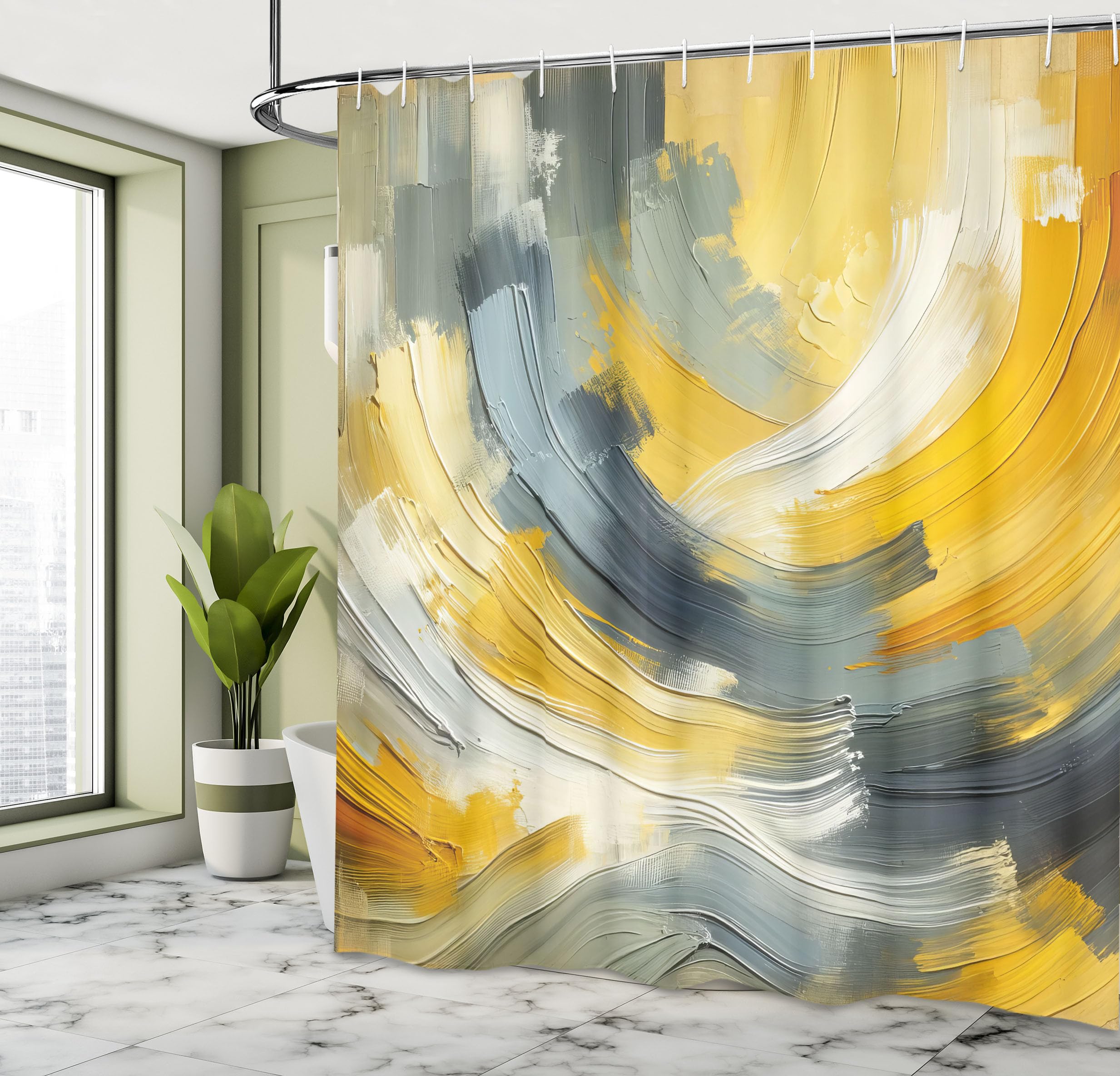 Ambesonne Yellow Shower Curtain, Contemporary Abstract Art Design Brush Strokes Look Composition Print, Cloth Fabric Bathroom De
